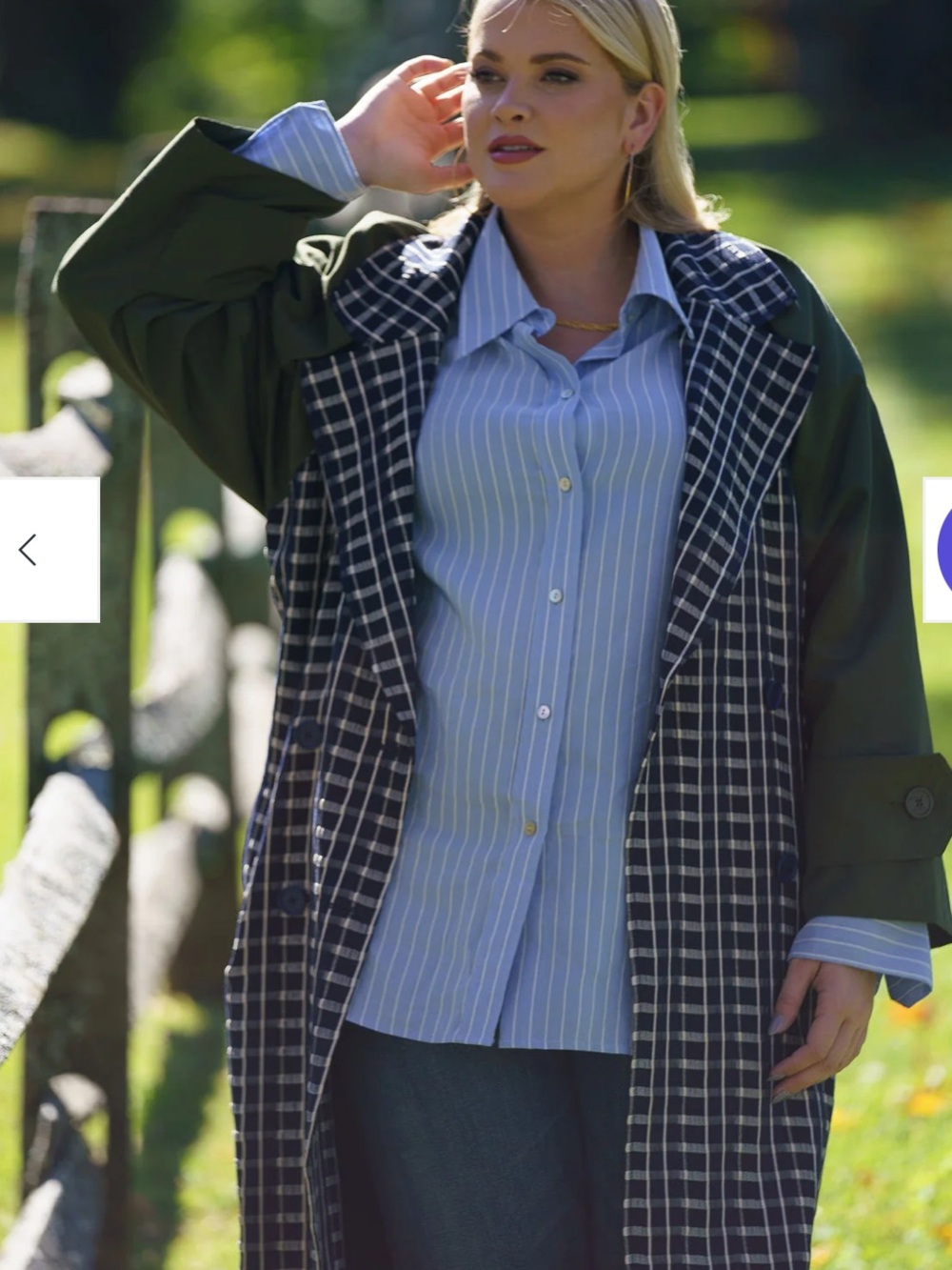 Tanya Taylor Lotta Olive Trench with Blue & White Plaid Placket, sz. 1X